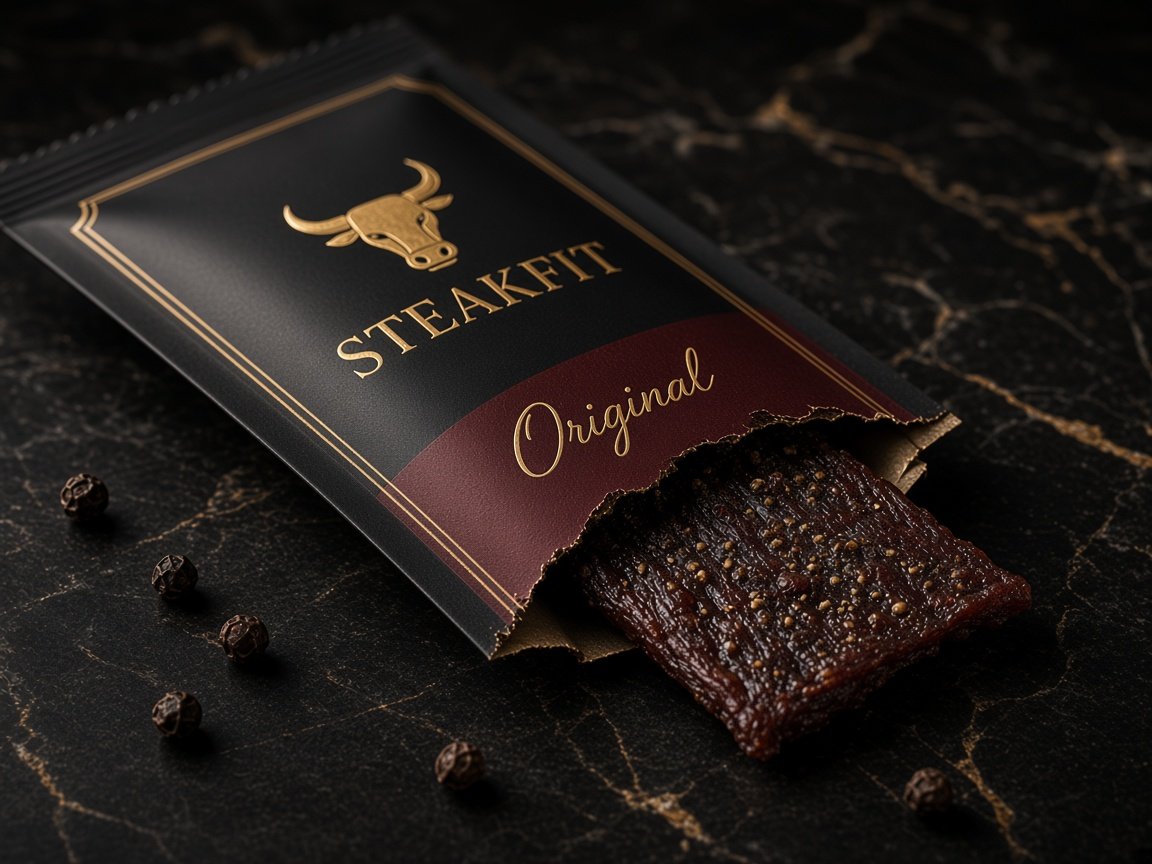 Geöffneter STEAKFIT Beutel mit Beef Jerky – Designvorschau